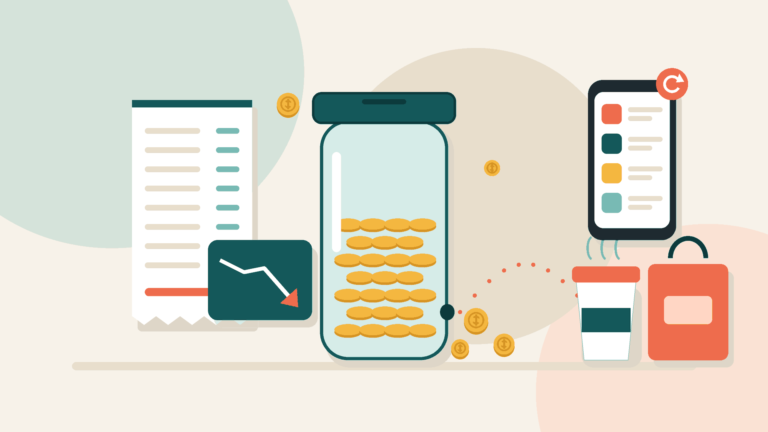 Flat illustration of a savings jar leaking coins toward a coffee cup, a shopping bag and a phone full of subscriptions, beside a long receipt and a downward-trending chart